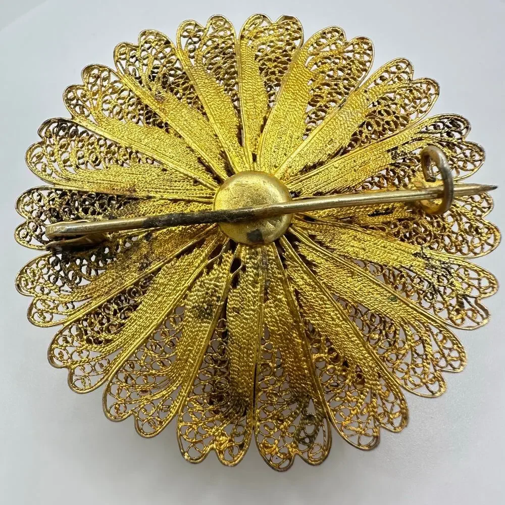 Antique 800 silver gold vermeil filigree large 3D flower brooch signed 16.68g - Picture 5 of 10